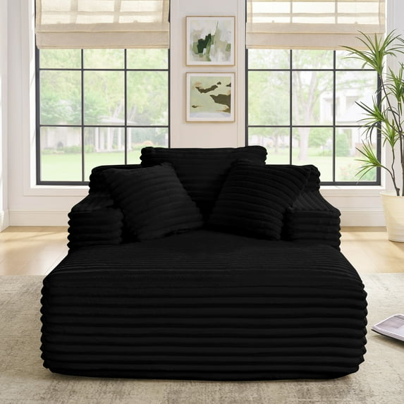 63'' Oversized Chaise Lounge Chair Indoor, Corduroy Upholstered Sleeper Sofa Bed, Deep Seat Sleeper Couch, Cozy Reading Chairs for Living Room Bedroom Movie Room, Black