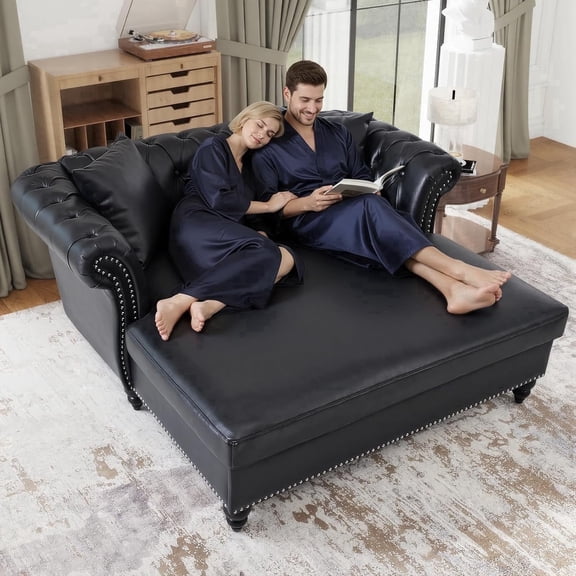Chalantevo 63" Oversized Faux Leather Chaise Lounge Chair, Chesterfield Style with Button Tufting, Rolled Arms & 2 Pillows, for Living Room, Black.