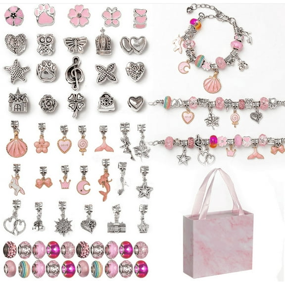 63 PCS Bracelets Making Kit, PandaTop DIY Jewelry Making Kit for Girls, Charm Bracelet Making Kit with Expandable Bangles for Jewelry Making Bangle Bracelets (with Gift Box )Pink