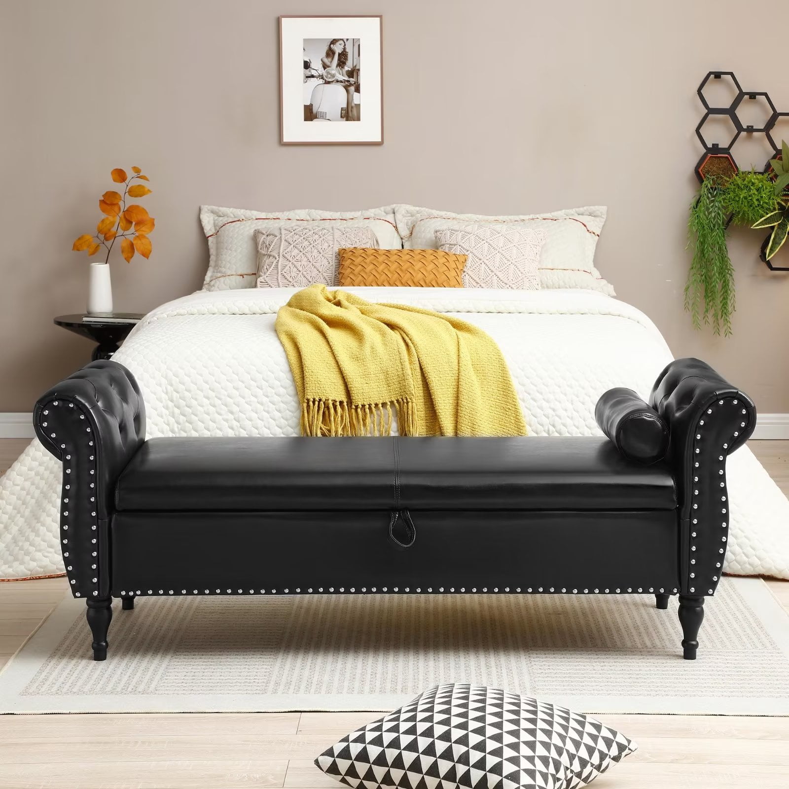 63" PU Multifunctional Sofa Bench with 1 Pillow, Storage Rectangular ...