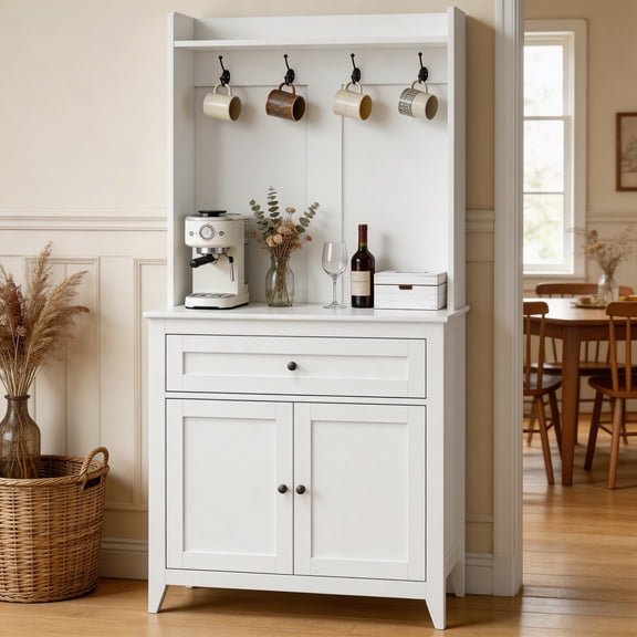 63" Pantry Cabinet, Kitchen Pantry Storage Cabinet with Outlet, Kitchen Hutch with Microwave Shelf & 4 Hooks, Door Shelves & Drawer & Adjustable Shelves, for Dining Room
