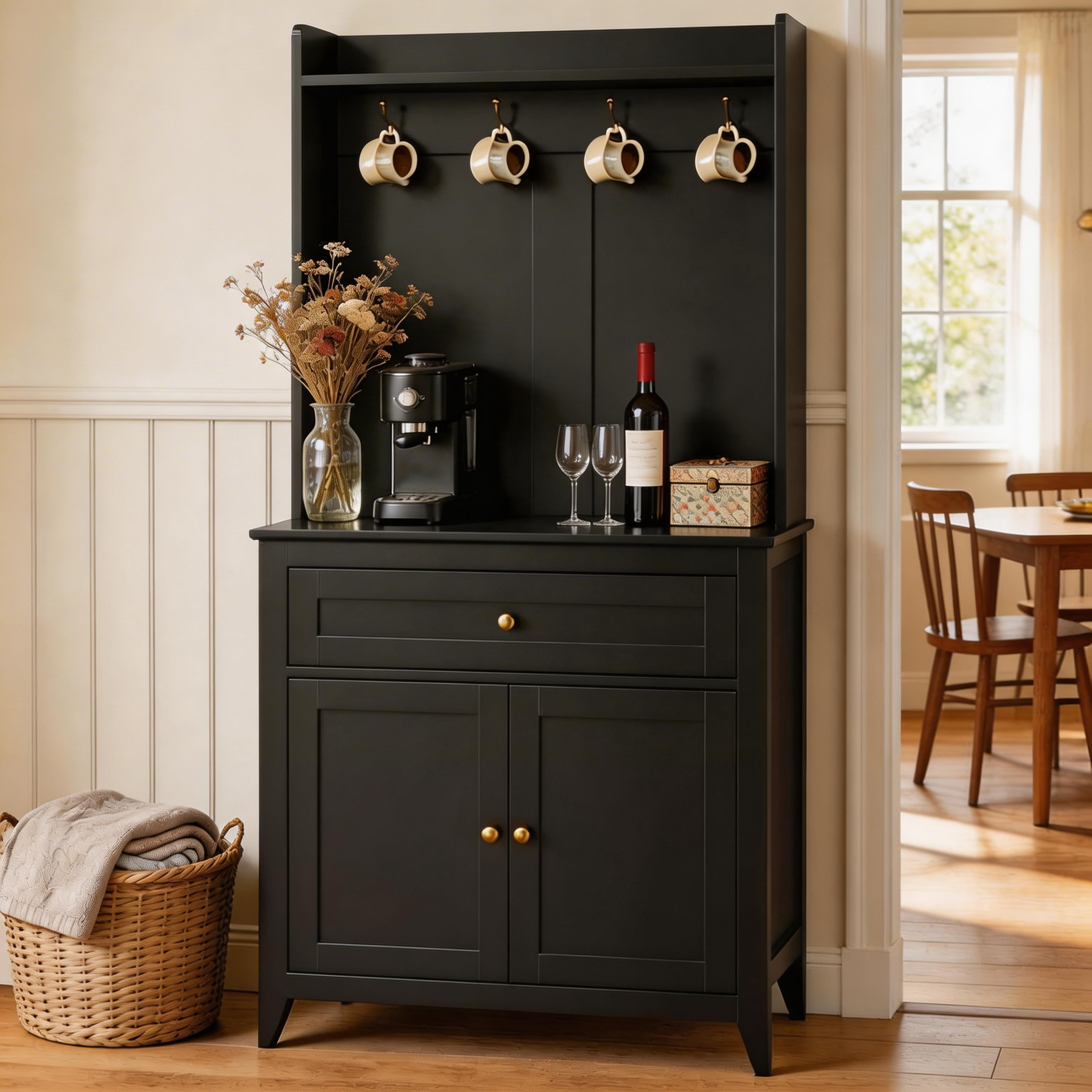 63" Pantry Cabinet, Kitchen Pantry Storage Cabinet with Outlet, Kitchen Hutch with Microwave Shelf & 4 Hooks, Door Shelves & Drawer & Adjustable Shelves, for Dining Room