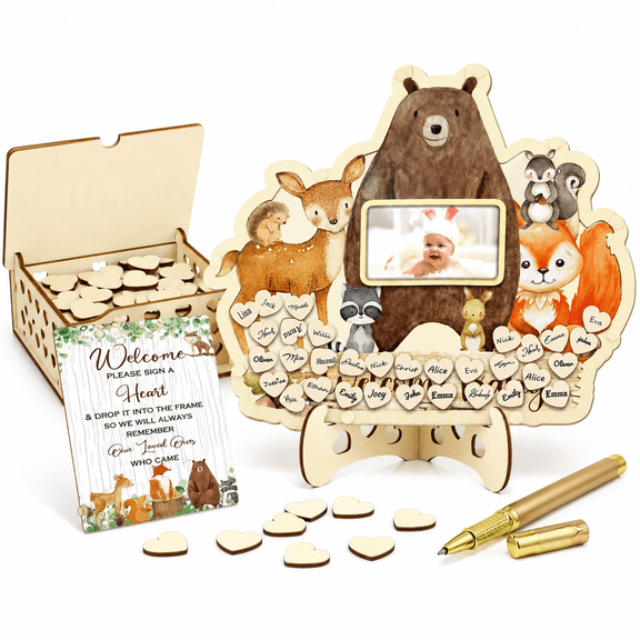 63 Pcs Bear Guestbook Set, Wooden Framed Decor with Ultrasound Photo Keepsake Box, 60 Page Birthday Welcome Book for Baby Shower Christening Party