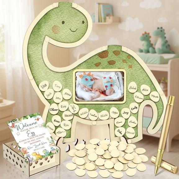 63 Pcs Dinosaur Shower Guest Book Alternatives Set Shower Decorations with Photo Frame Sonogram Frame Keepsake 60 Wood Slices Guest Book for Birthday