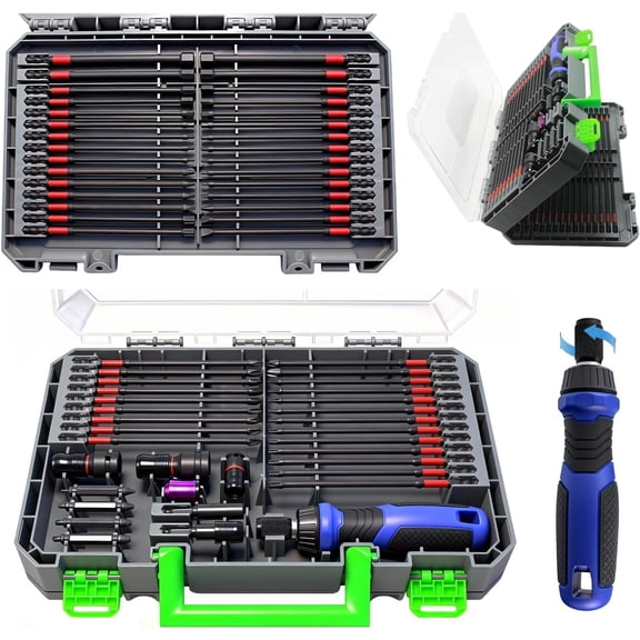 63-Pcs Impact Screwdriver Bits Set, Magnetic S2 Steel Phillips/Square/Torx/Hex Insert Power Bits Tips Screw Extractor Set with Bit Magnetizer, Quick Release Extension and Ratchet Screwdriver Handle