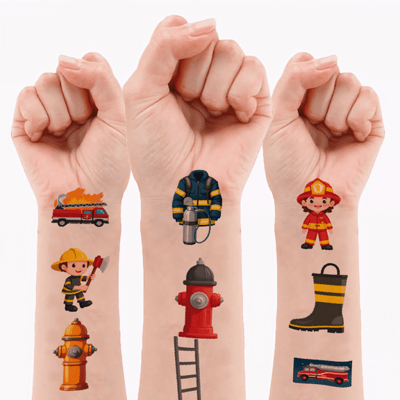 63 Pcs Temporary Tattoo Stickers Waterproof Long Lasting Body Stickers Fire Department Fire Engine Fire Truck Adult Men Women Kids Boys Girls Tattoo Stickers Arm Arms Shoulder Face