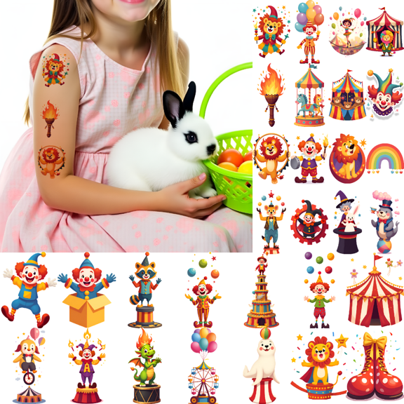 63 Pcs Temporary Tattoos Waterproof Long Lasting Body Stickers Circus Clown Animal Juggling Adults Men Women Kids Boys Girls Tattoo Stickers Arm Arms Shoulder Cheek