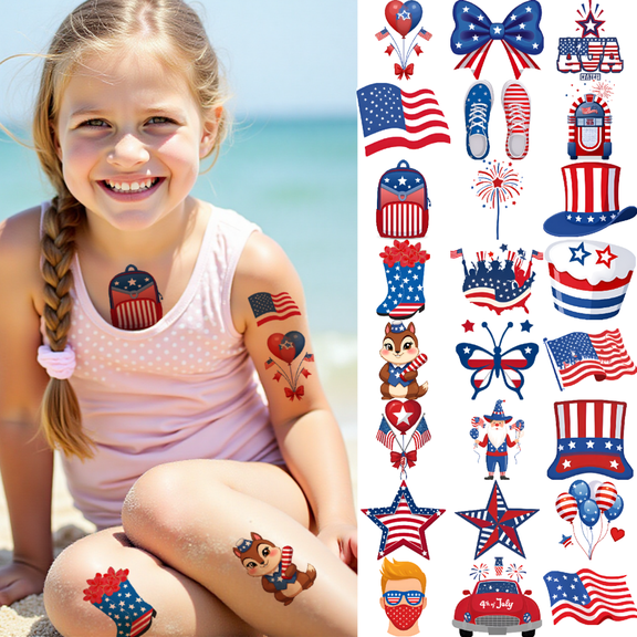 63 Pcs Temporary Tattoos, Waterproof Long Lasting Body Stickers Independence Day American Flag Patriotic Temporary Tattoo for Adults Men Women Kids Boys Girls Tattoo Stickers Arm Wrist Shoulder Face