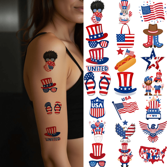 63 Pcs Temporary Tattoos Waterproof Long Lasting Body Stickers Independence Day USA Adults Men Women Kids Boys Girls Tattoo Stickers Arm Forearm Shoulder Face