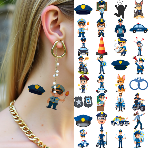 63 Pcs Temporary Tattoos, Waterproof Long Lasting Body Stickers Police Theme Adult Men Women Kids Boys Girls Tattoo Stickers for Arm Forearm Shoulder Cheek