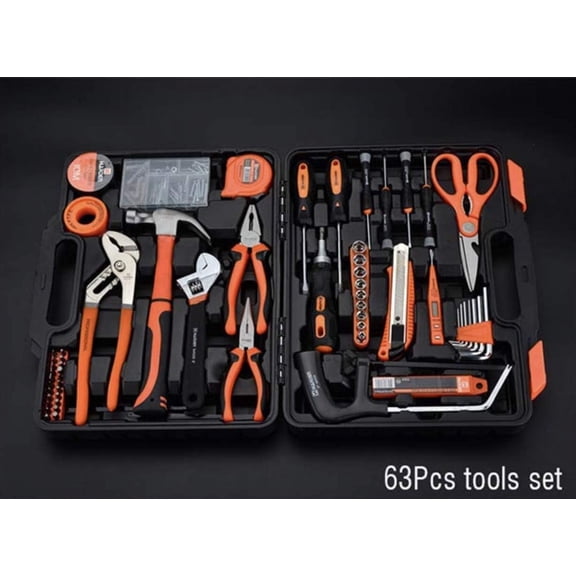 63 Piece Tool Set with Tool Box - Portably Handyman Tool Kit for Home, Dorm - Includes Essentials: Hammer, Screwdrivers, Wrenches, Pliers, Saw, Knife, Nails, Etc