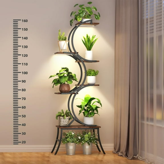 63 Plant Stand Indoor with Grow Lights - 6 Tiered Tall Metal Plant Shelf - Corner Wooden Plant Stand for Indoor Plants Multiple, Half Moon Plant Stand for Living Room, Garden, Patio Decor