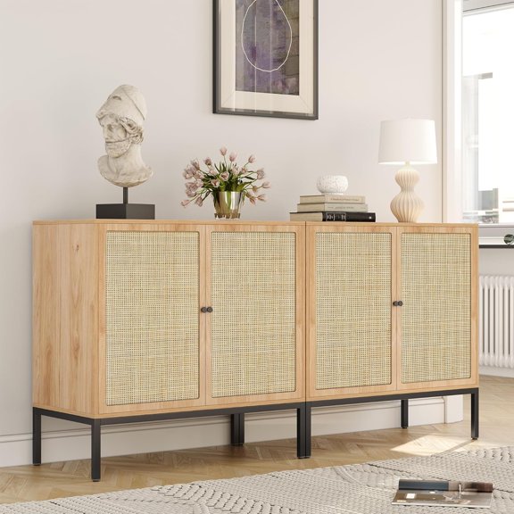 63" Rattan Sideboard Cabinet Set of 2, Buffet Console & Accent Storage with Metal Legs for Living Room, Kitchen, Dining Room