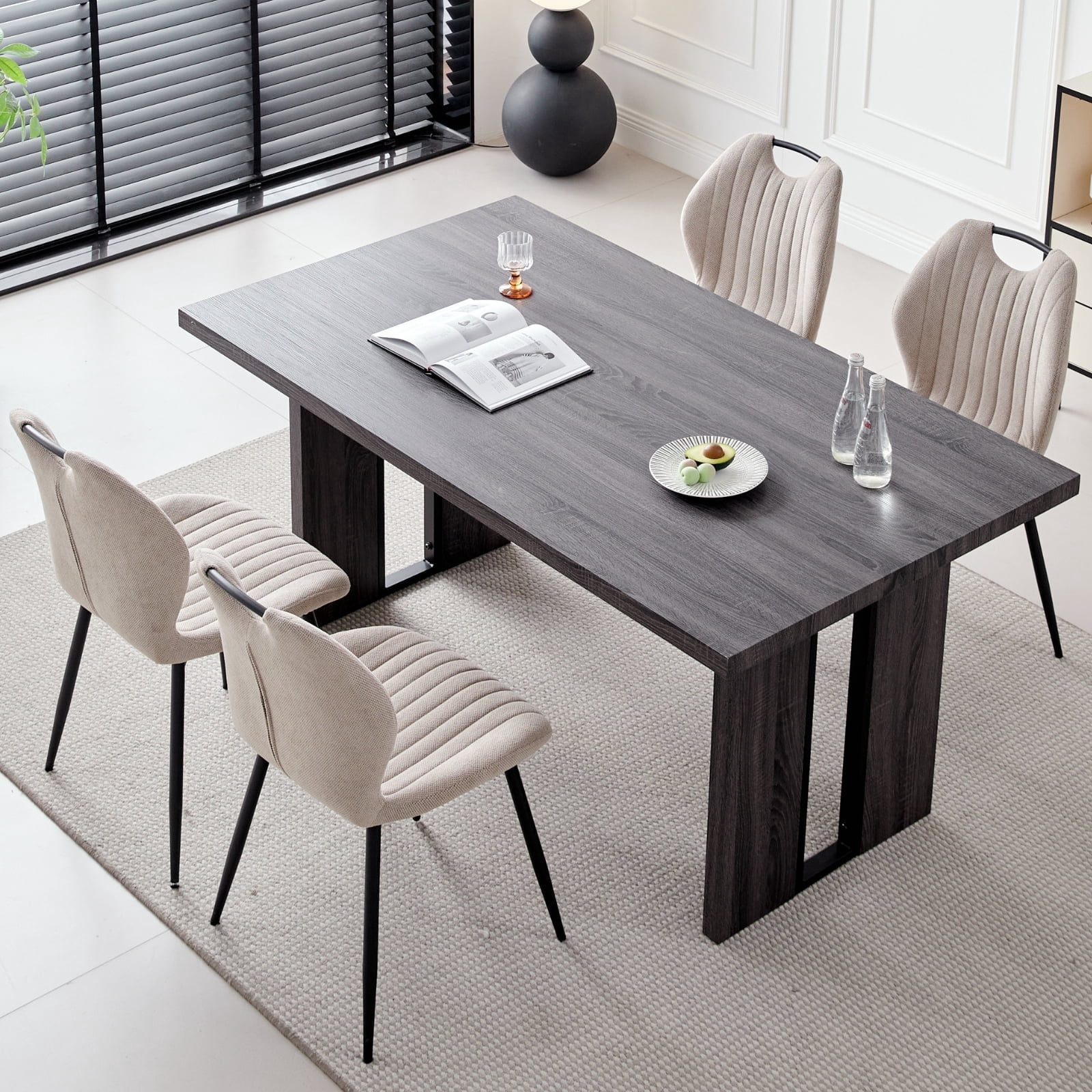 63" Rectangle Dark Gray Dining Room Table Chair Set for 4, Farmhouse Wood Kitchen Table with 4 Upholstered Khaki Chairs for Dinner, Living Room, Apartment, 5 Piece