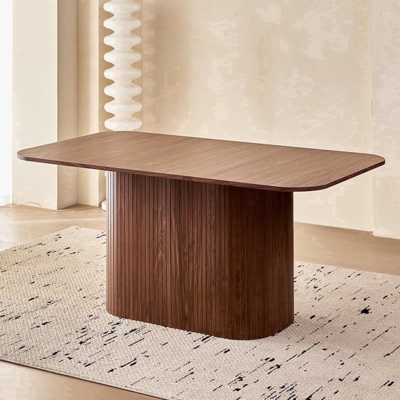 63" Rectangle Dining Table for 4-6 Person, Modern Mid-century Farmhouse Large Kitchen Table w/Wood Strip Pedestal Base, Rustic Dinner Table for Breakfast Dining Reception Room, Brown