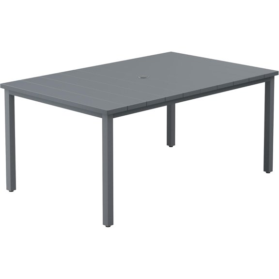63" Rectangle Outdoor Dining Table for 6, Slatted Metal Patio Table with Adjustable Umbrella Hole, All-Weather Patio Dining Table for Garden Backyard Deck, Grey Tabletop