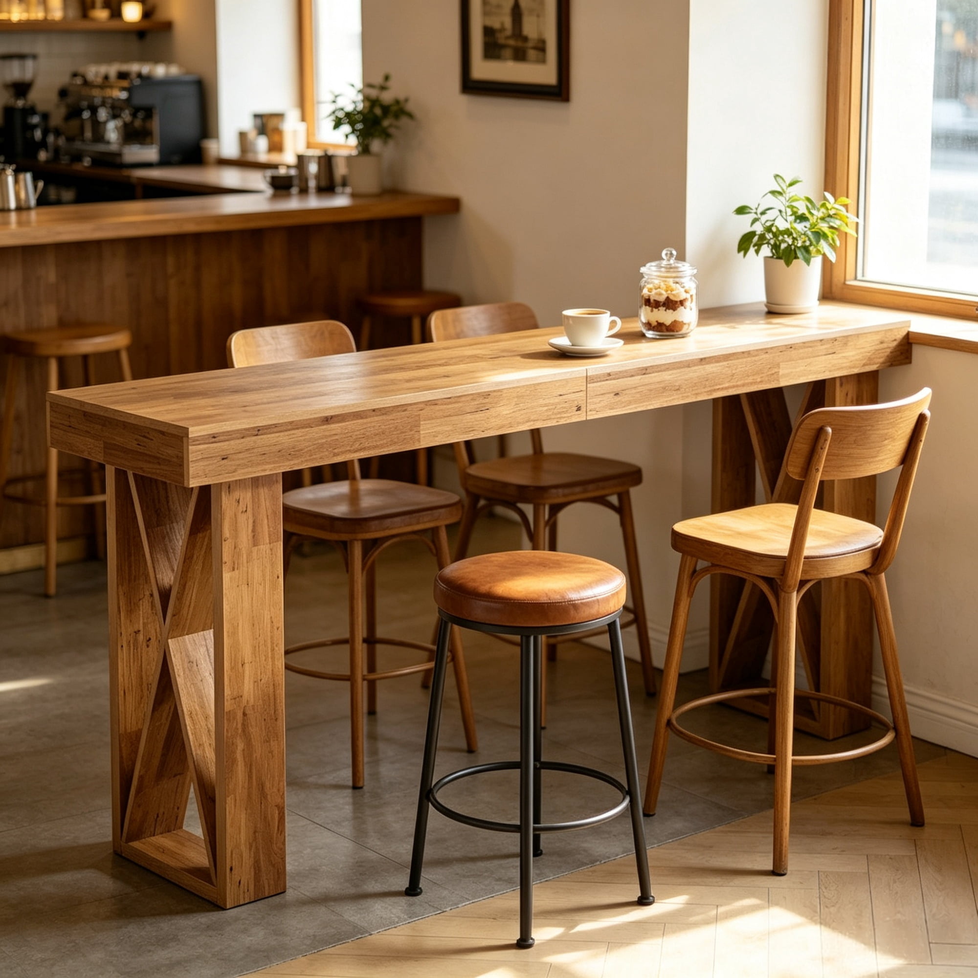 63" Rectangular Bar Table, Counter Height Pub Table with Industrial X-Frame