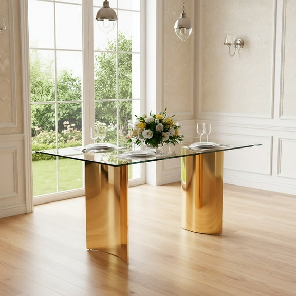 63" Rectangular Clear Tempered Glass Dining Table for 4-6 People, Modern Kitchen Table with Stainless Steel Legs, Dining Table for Home Office, Living Room