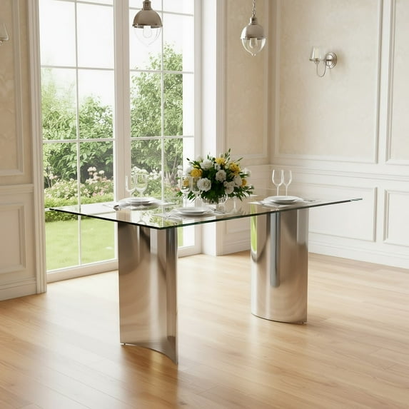 63" Rectangular Clear Tempered Glass Dining Table for 4-6 People, Modern Kitchen Table with Stainless Steel Legs, Dining Table for Home Office, Living Room