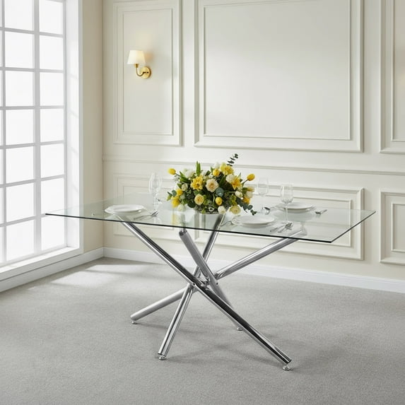 63" Rectangular Clear Tempered Glass Dining Table for 4-6 People, Modern Kitchen Table with X-Shaped Metal Base, Dining Table for Dining Room, Living Room