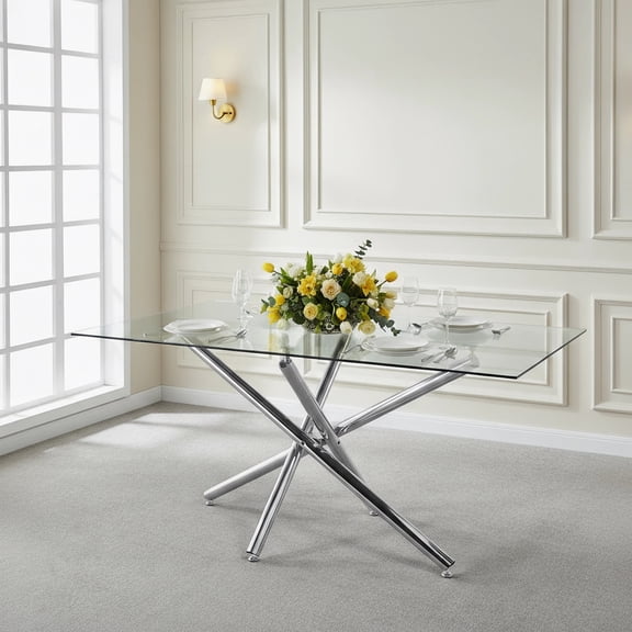 63" Rectangular Clear Tempered Glass Dining Table for 4-6 People, Modern Kitchen Table with X-Shaped Metal Base, Dining Table for Dining Room, Living Room