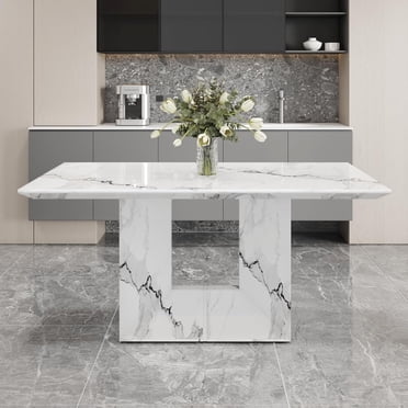 Camila Modern Marble Top Dining Table with Wide Wood Base, Rectangle Kitchen Table - Walmart.com