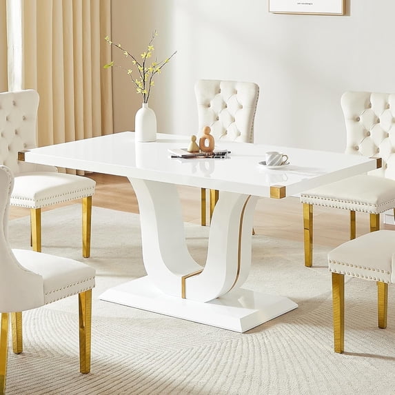 63" Rectangular Dining Table for 6 People, White MDF Kitchen Table with ...