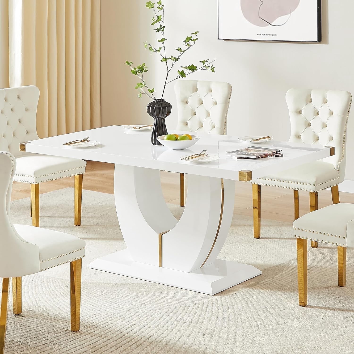 63" Rectangular Dining Table for 6 People, White MDF Kitchen Table with ...