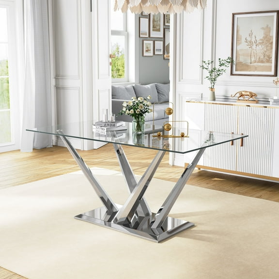 63" Rectangular Glass Dining Table for 4-6 People, Modern Clear Tempered Glass Kitchen Table with Unique Stainless Steel Base, Dining Table for Dining Room or Living Room