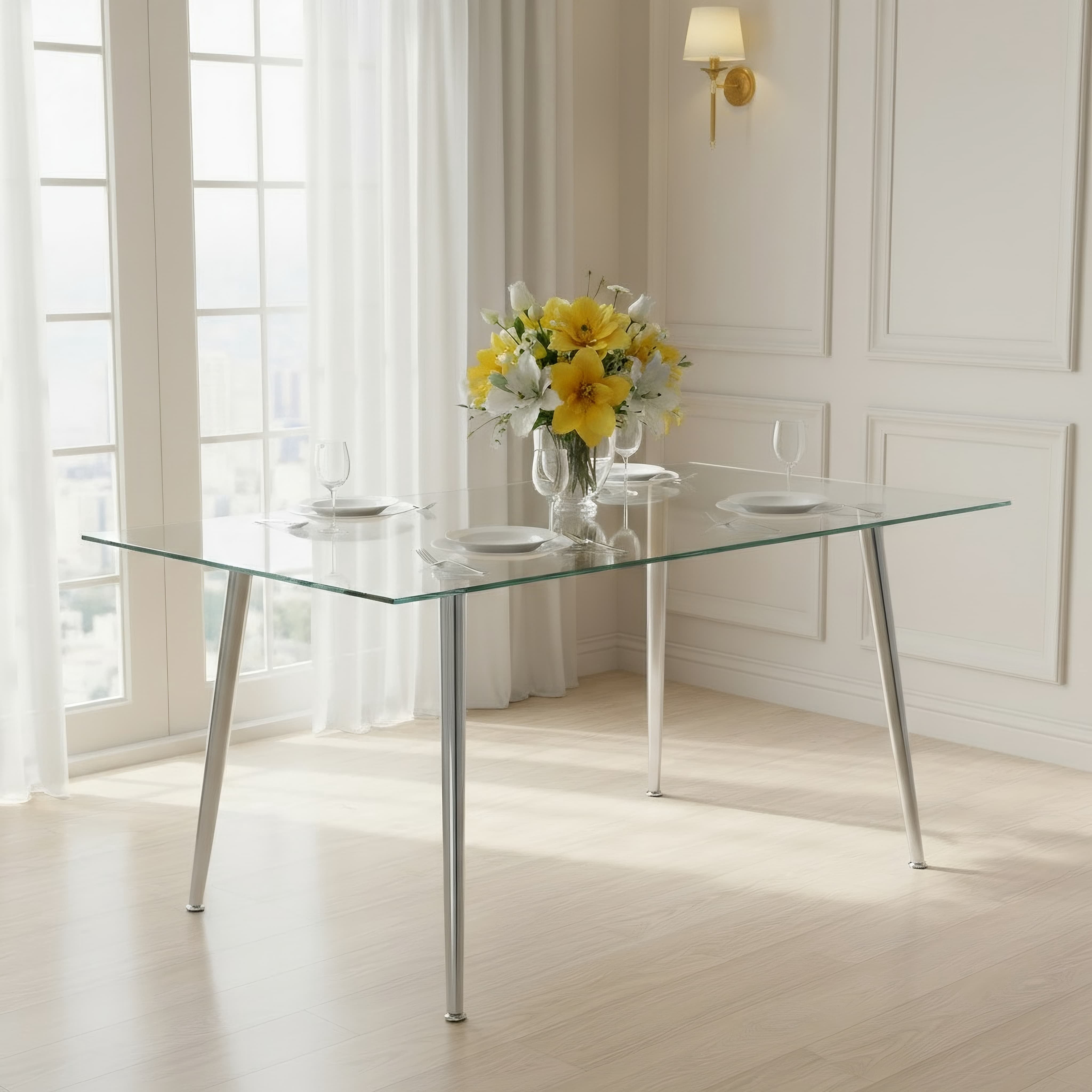 63" Rectangular Glass Dining Table for 4-6 Persons with Clear Tempered ...