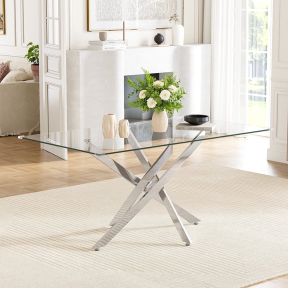 63" Rectangular Glass Dining Table, Modern Clear Tempered Glass Top with Silver Stainless Steel Cross-Legged Base, for Kitchen, Apartment, Living Room