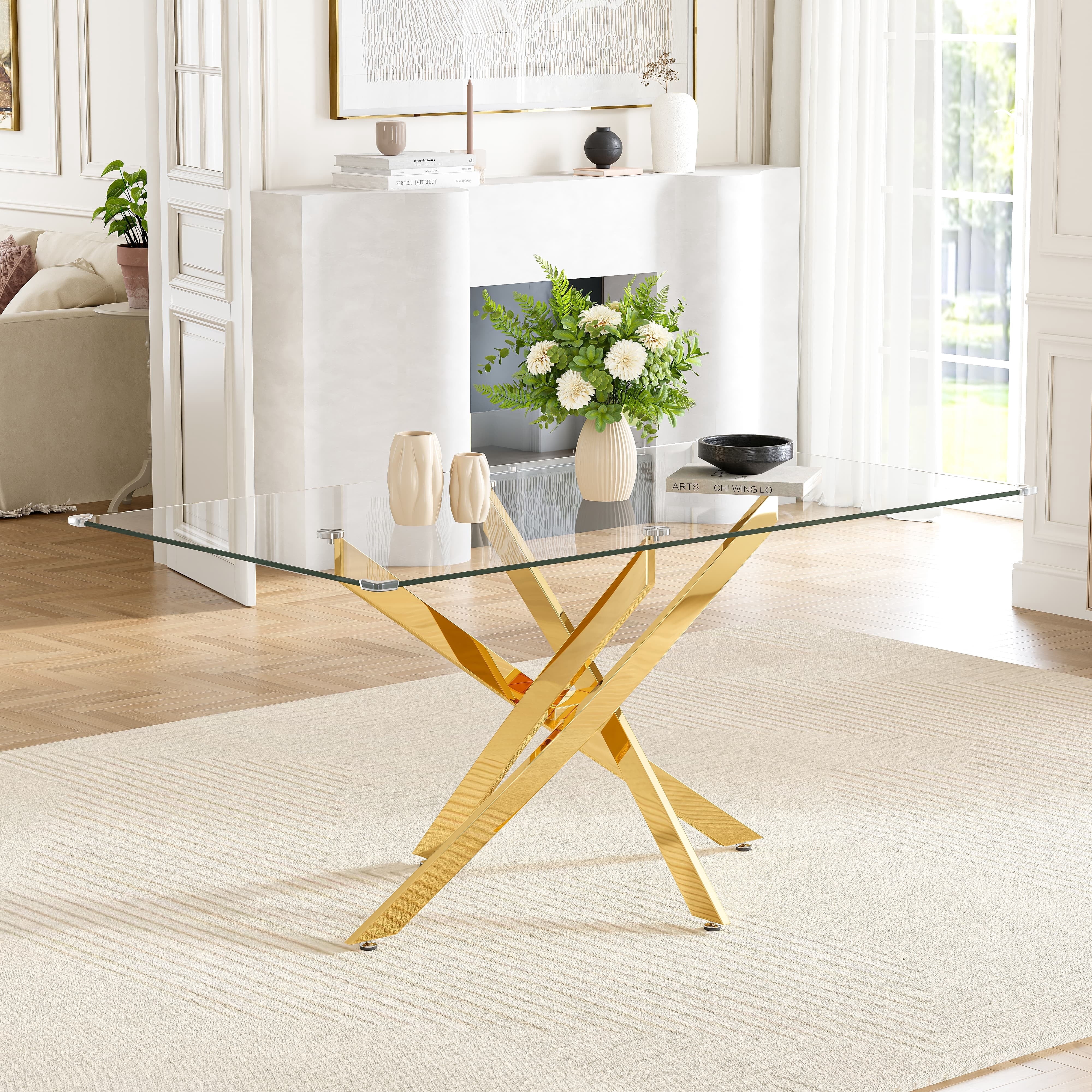 63" Rectangular Glass Dining Table, Modern Clear Tempered Glass Top with Gold Stainless Steel Cross-Legged Base, for Kitchen, Apartment, Living Room