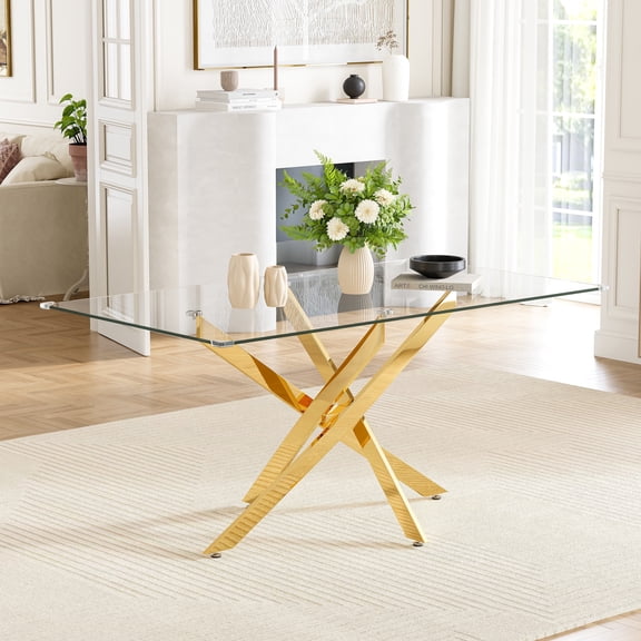 63" Rectangular Glass Dining Table, Modern Clear Tempered Glass Top with Gold Stainless Steel Cross-Legged Base, for Kitchen, Apartment, Living Room
