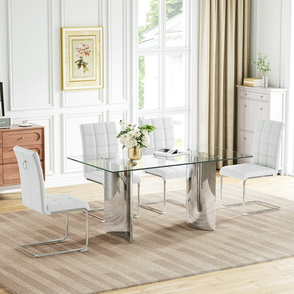 63" Rectangular Glass Dining Table Set, Arc-Shaped Mirror Stainless Steel Double Base and 4 PU Leather Dining Chairs, for Kitchen and Living Roomom