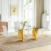 63" Rectangular Glass Dining Table Set, Arc-Shaped Mirror Stainless Steel Double Base and 4 PU Leather Dining Chairs, for Kitchen and Living Roomom