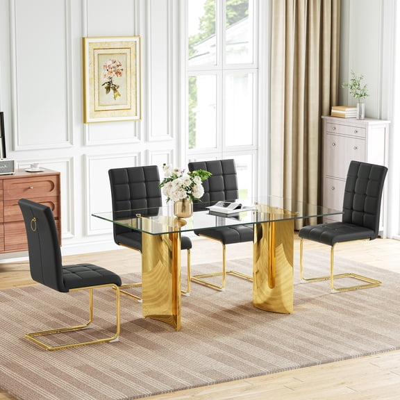 63" Rectangular Glass Dining Table Set, Arc-Shaped Mirror Stainless Steel Double Base and 4 PU Leather Dining Chairs, for Kitchen and Living Roomom