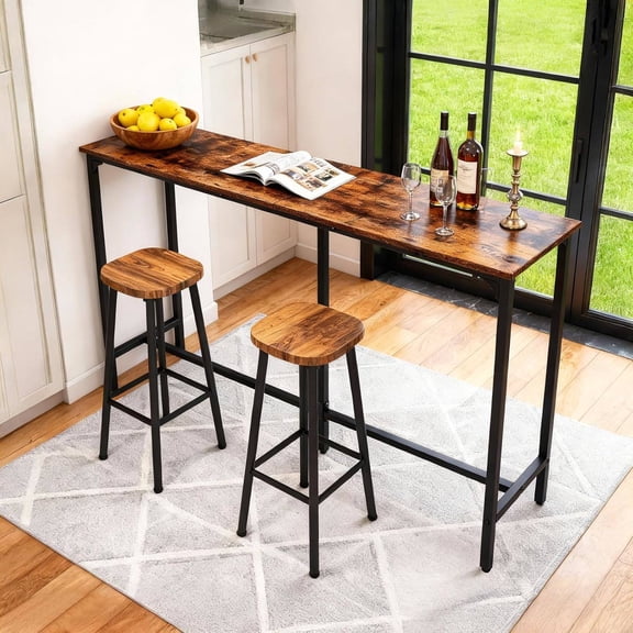 63" Rectangular High Bar Table with Sturdy Metal Legs, Counter Height for Small Spaces, Easy Assembly, Brown