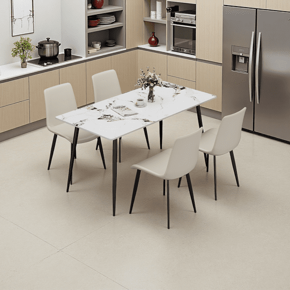 63" Rectangular Modern Dining Table with Sintered Stone Top & Metal Legs