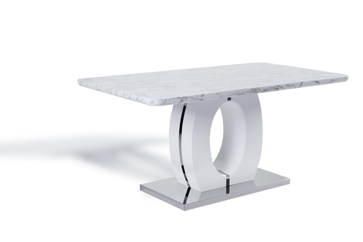 63" Rectangular Modern Marble Faux Dining Table In White & Stainless