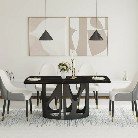 63" Rectangular Sintered Stone Dining Table In Black With Robust Iron Metal Leg Base, Seats 6 People Stable Legs For