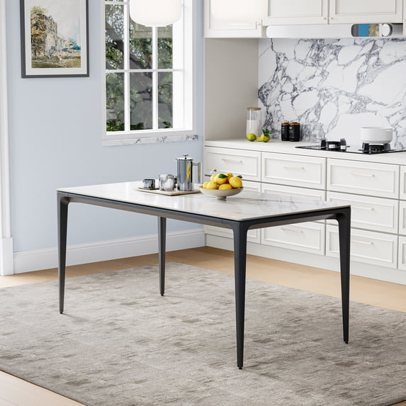 63" Rectangular White Dining Table for 4–6 People, Modern Sintered Stone Kitchen Table with metal Legs, Dining Table for Kitchen, Living Room