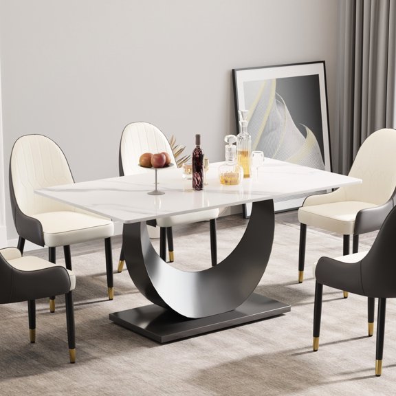63" Rectangular White Sintered Stone Table / Stable Crescent Base, Can Contact Food Directly