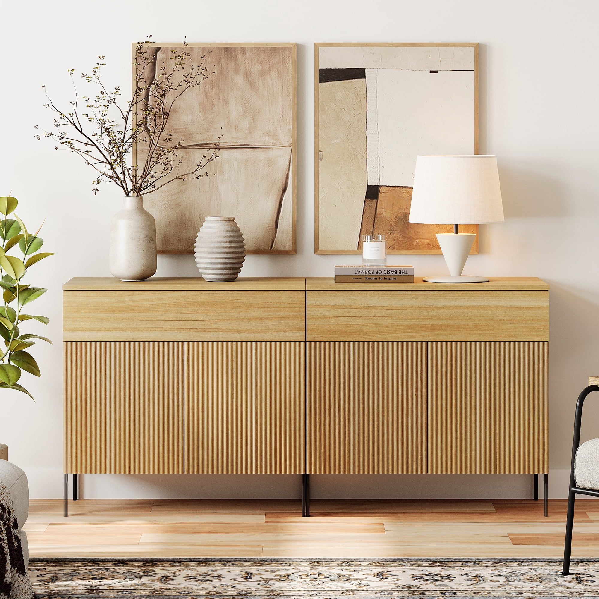 63" Reeded Accent Cabinet Set with 4 Doors and Drawers, Modern Credenza Storage Cabinet with Metal Legs for Living Room, Kitchen, Dining Room, Hallway