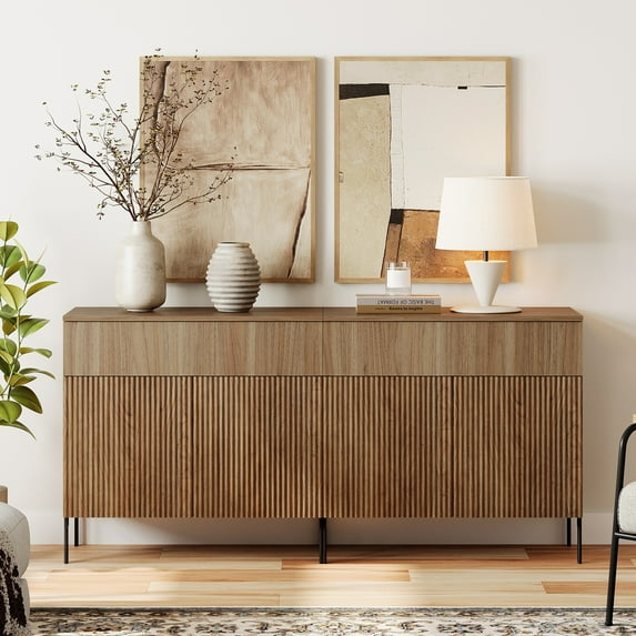 63" Reeded Accent Cabinet Set with 4 Doors and Drawers, Modern Credenza Storage Cabinet with Metal Legs for Living Room, Kitchen, Dining Room, Hallway