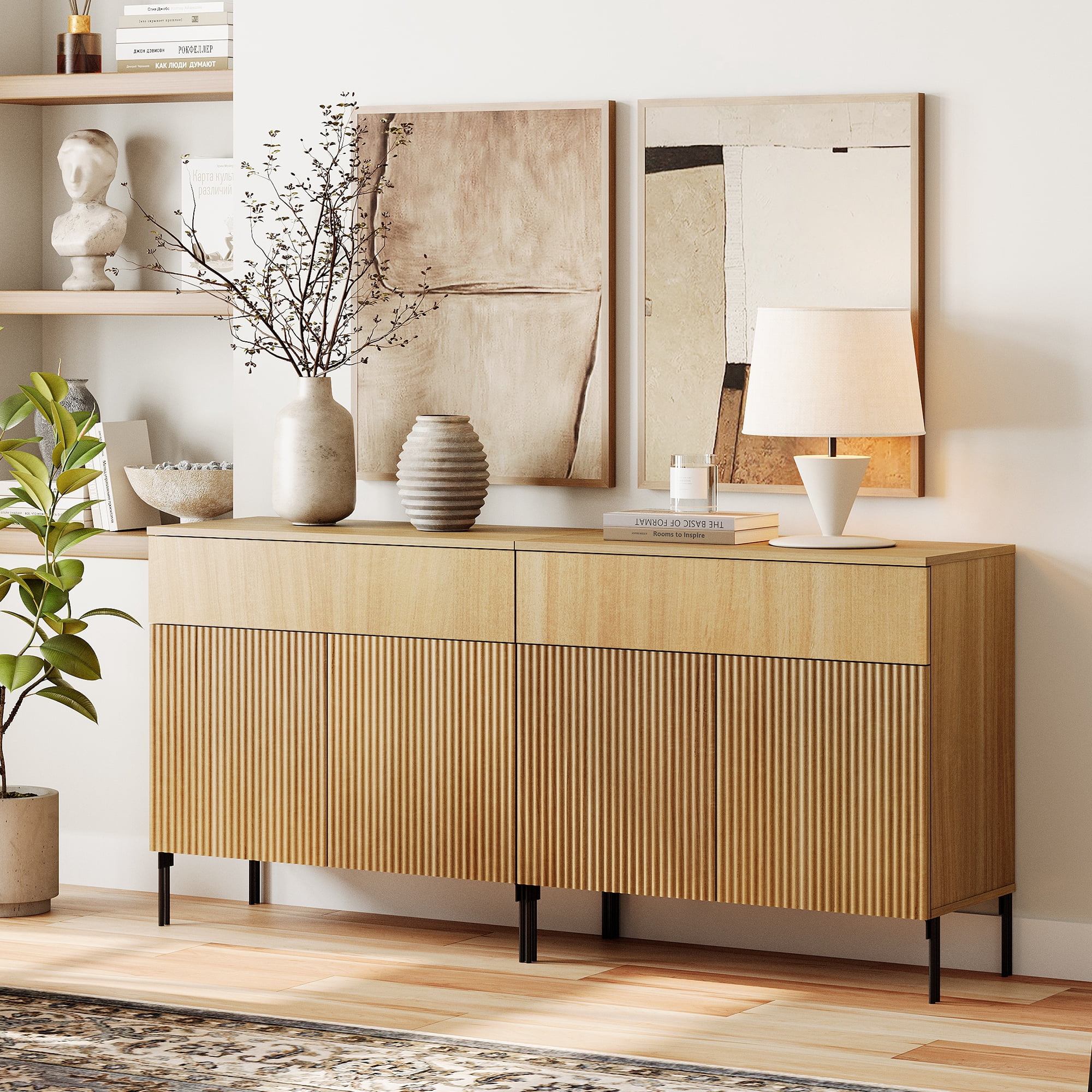63" Reeded Accent Cabinet Set with 4 Doors and Drawers, Modern Credenza Storage Cabinet with Metal Legs for Living Room, Kitchen, Dining Room, Hallway