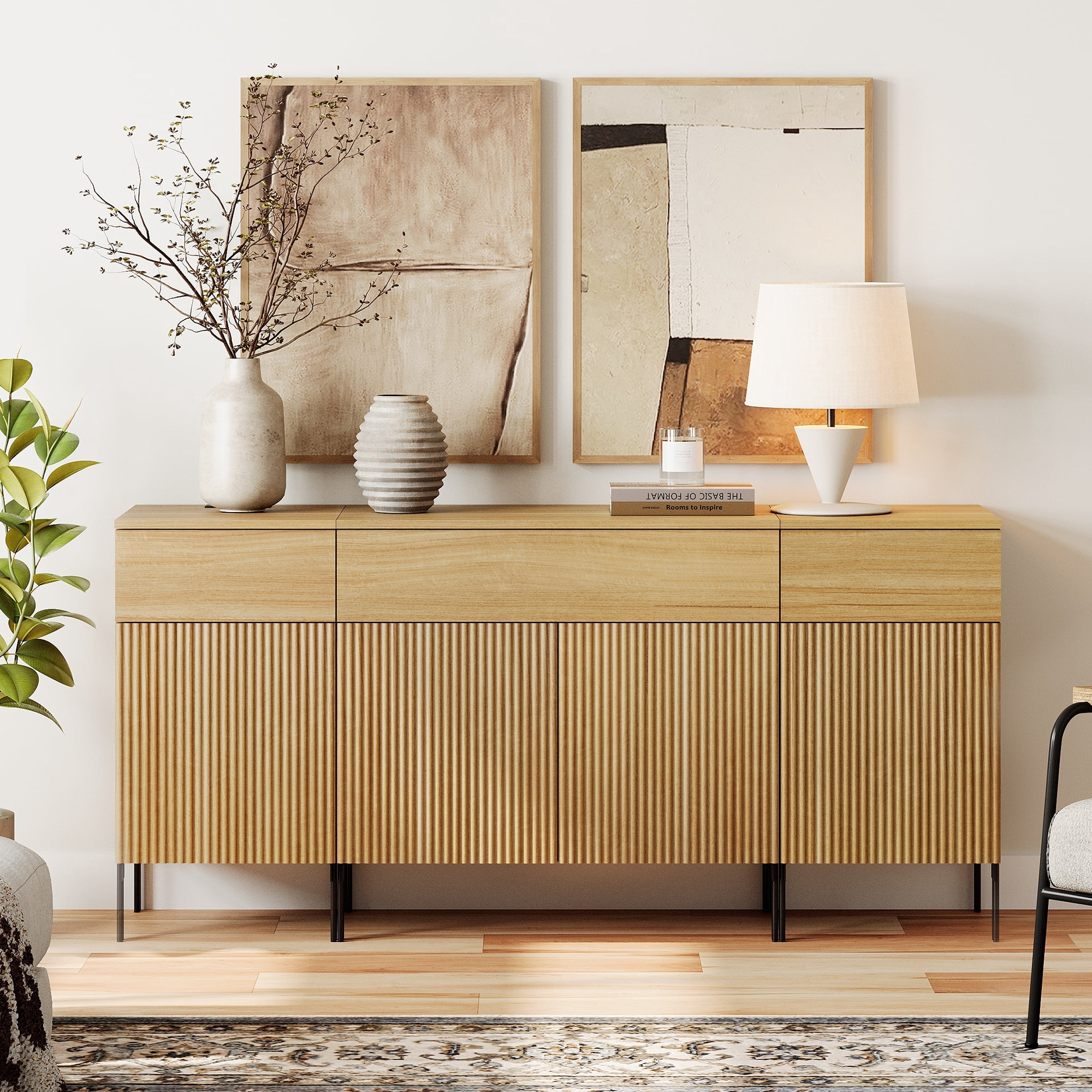 63" Reeded Accent Cabinet Set with Charging Station, Modern Credenza Storage Cabinet with Doors and Drawers for Living Room, Kitchen, Dining Room, Hallway