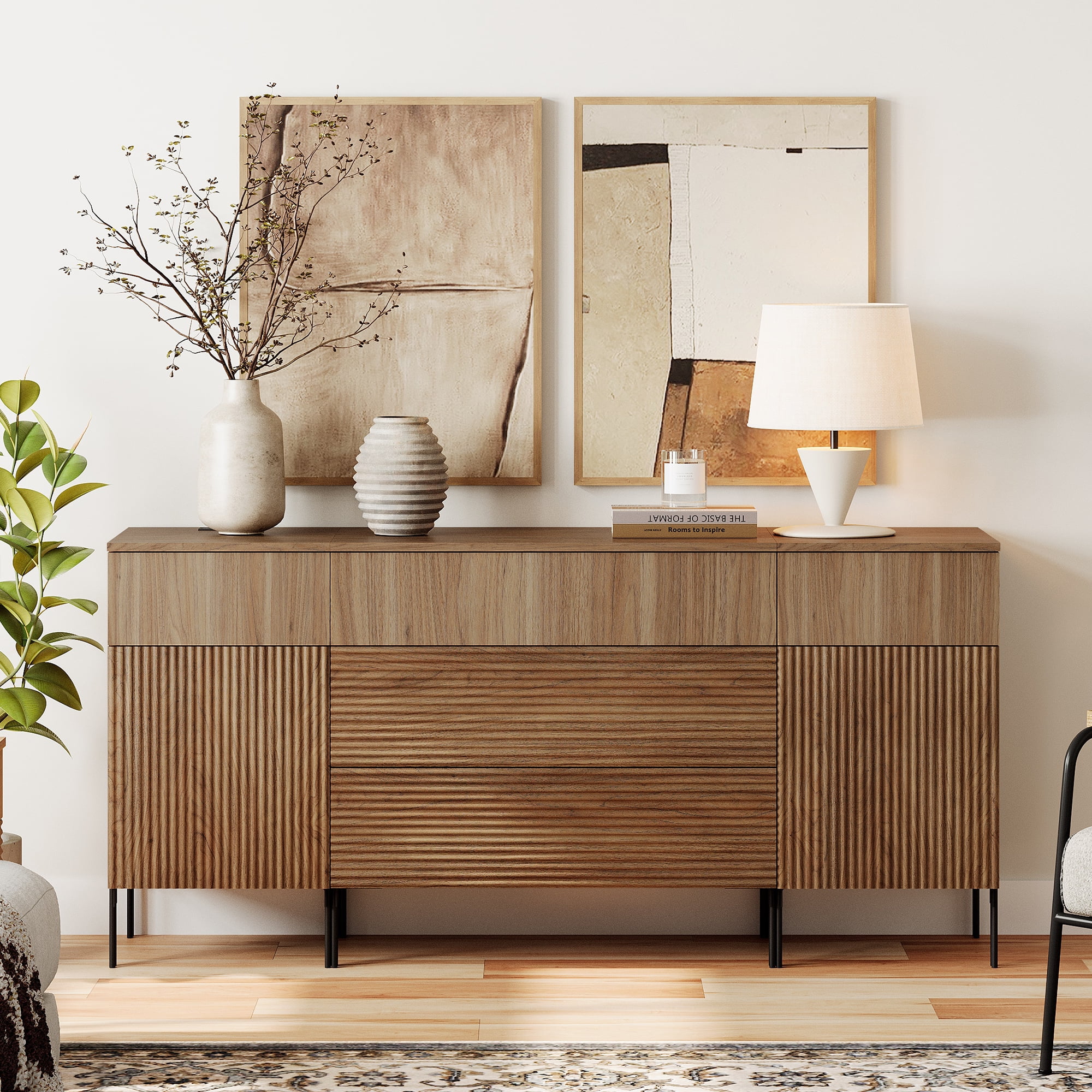 63" Reeded Accent Cabinet Set with Doors and Drawers, Modern Credenza Storage Cabinet with Charging Station for Living Room, Kitchen, Dining Room, Hallway