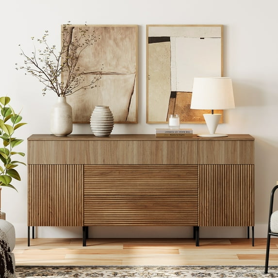 63" Reeded Accent Cabinet Set with Doors and Drawers, Modern Credenza Storage Cabinet with Charging Station for Living Room, Kitchen, Dining Room, Hallway