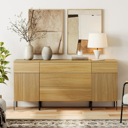63" Reeded Accent Cabinet Set with Doors and Drawers, Modern Credenza Storage Cabinet with Charging Station for Living Room, Kitchen, Dining Room, Hallway