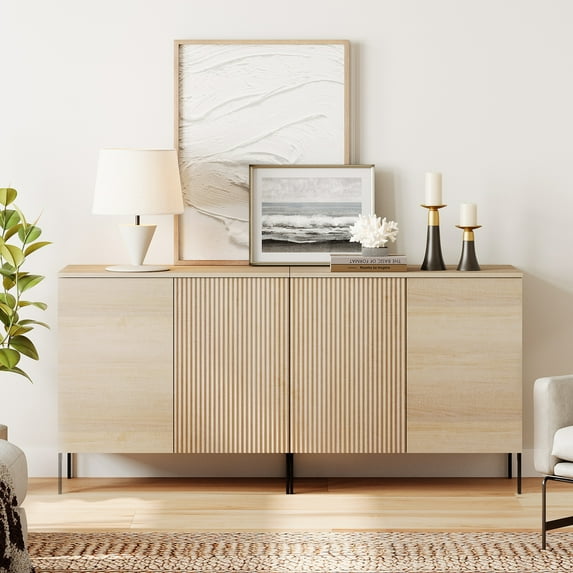 63" Reeded Accent Cabinet Set with Adjustable Shelves, Modern Credenza Storage Cabinet with Doors for Living Room, Kitchen, Dining Room, Hallway